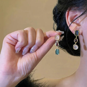 DAIIIBABYYY  -  Vintage Colorful Resin Asymmetric Earrings Women’s Imitation Stone Contrast Geometric Dangle Earrings Korean Personality Jewelry